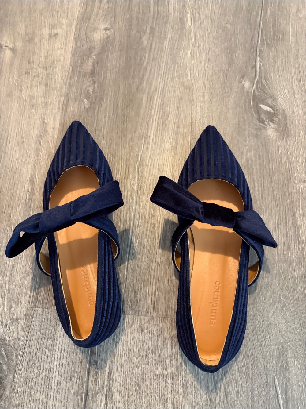 Sundance Navy Pointed Bow Strap Flats